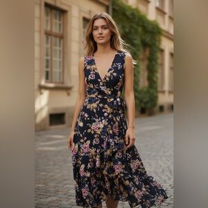 Women’s Sleeveless Wrap Tie Midi Ruffle Slit Black Floral Dress